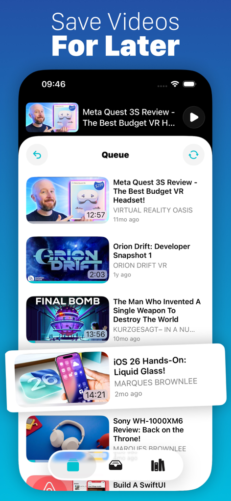 Unwatched for YouTube app interface displaying a curated video queue for intentional viewing.