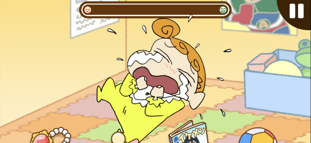 Himawari Nohara crying in a room full of toys with a mood meter above her head.