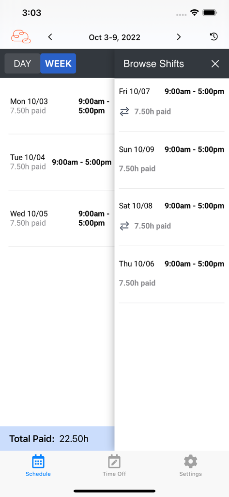Interface do aplicativo móvel Genesys Tempo mostrando o recurso de navegação de turnos para a escala semanal de um funcionário.