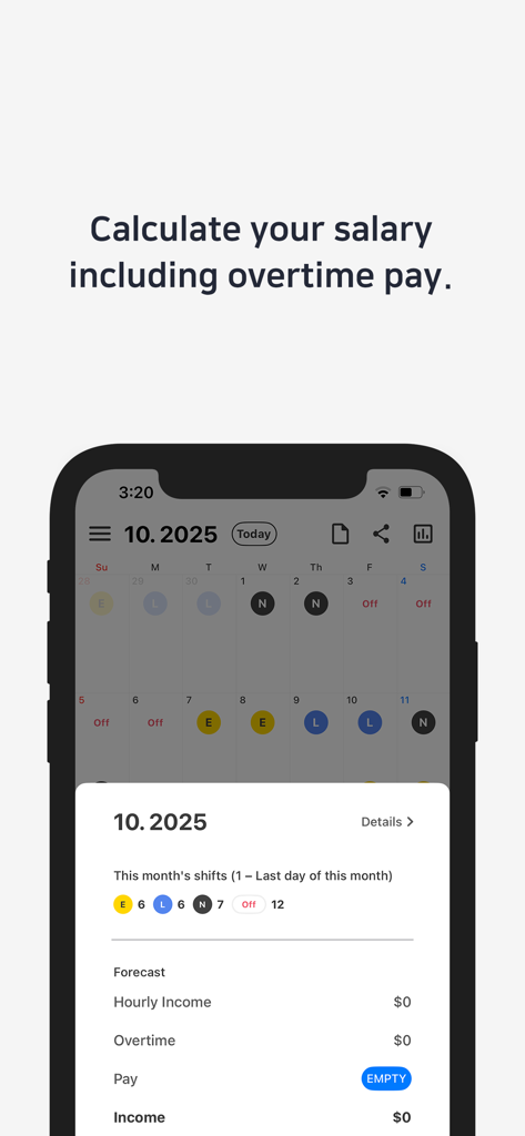 Interface do aplicativo Turno de Hoje mostrando um resumo mensal para cálculos de salário e pagamento de horas extras.