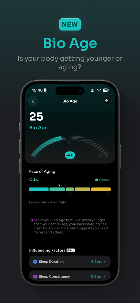 Interface de l'application PeakWatch montrant les métriques d'âge biologique et de rythme de vieillissement