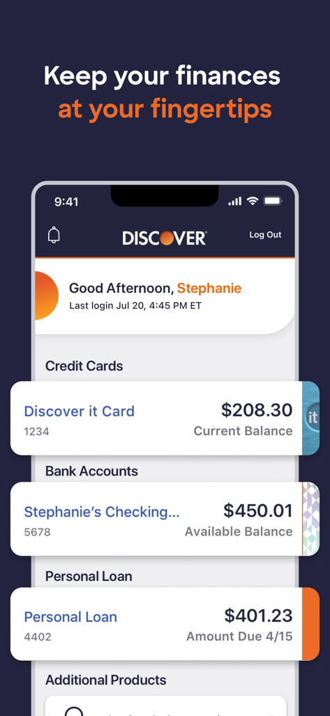 Discover Mobile app dashboard showing credit card and bank account balances
