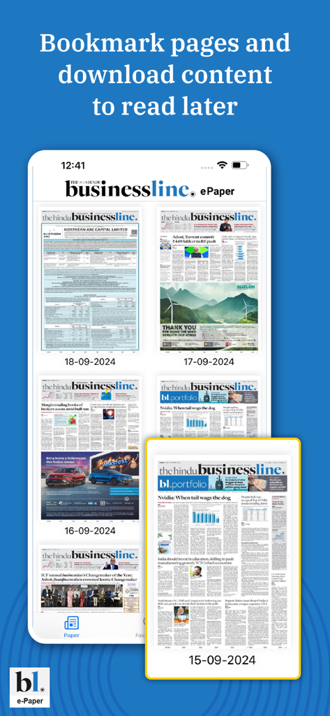 Businessline - Business ePaper - A mobile app screen showing archived editions of The Hindu Businessline newspaper with a call to action for bookmarking and downloading content for offline reading.