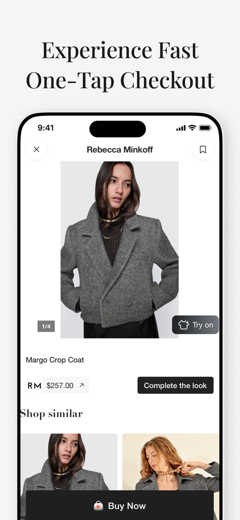 Mobile app interface showing a Rebecca Minkoff crop coat with one tap checkout and AI try on buttons