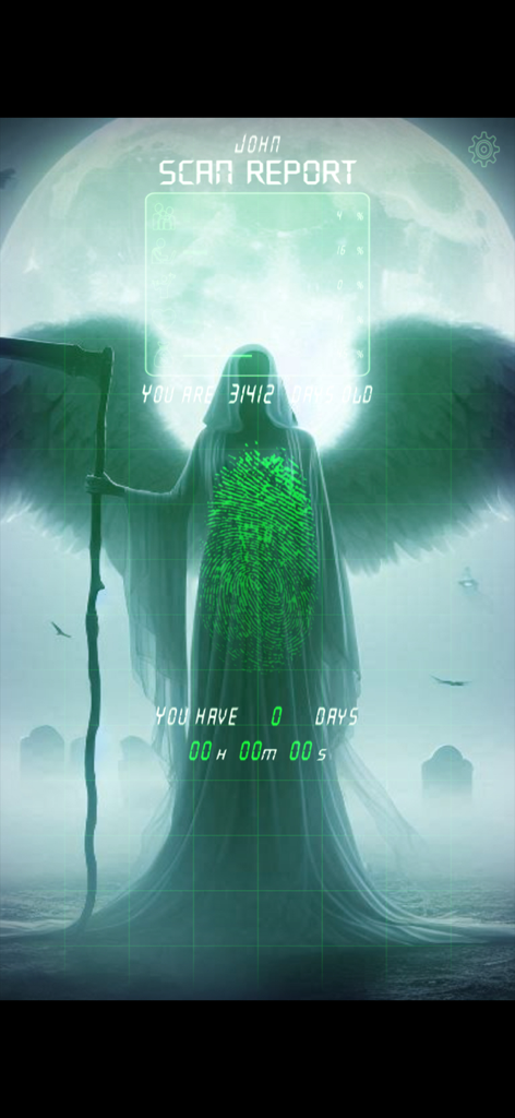 Fingerprint Scan Simulator - Bildschirm des Fingerabdruck-Scan-Simulators, der einen Scherz-Todesbericht mit einer Sense-Figur anzeigt