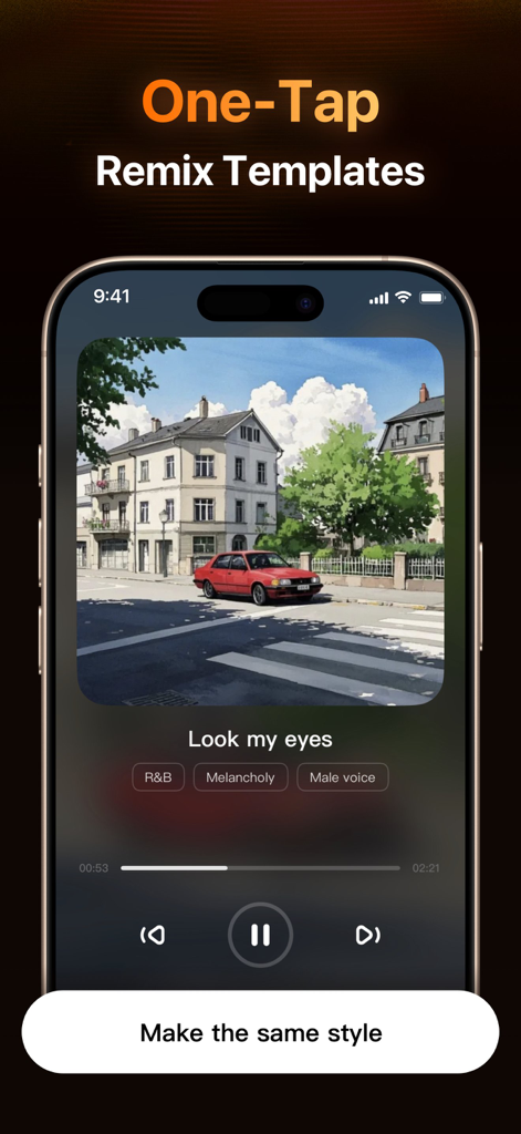 AI Songs & Music Maker：TuneMe - A screenshot of the TuneMe app showing the One Tap Remix Templates feature with a melancholy R&B song player interface.