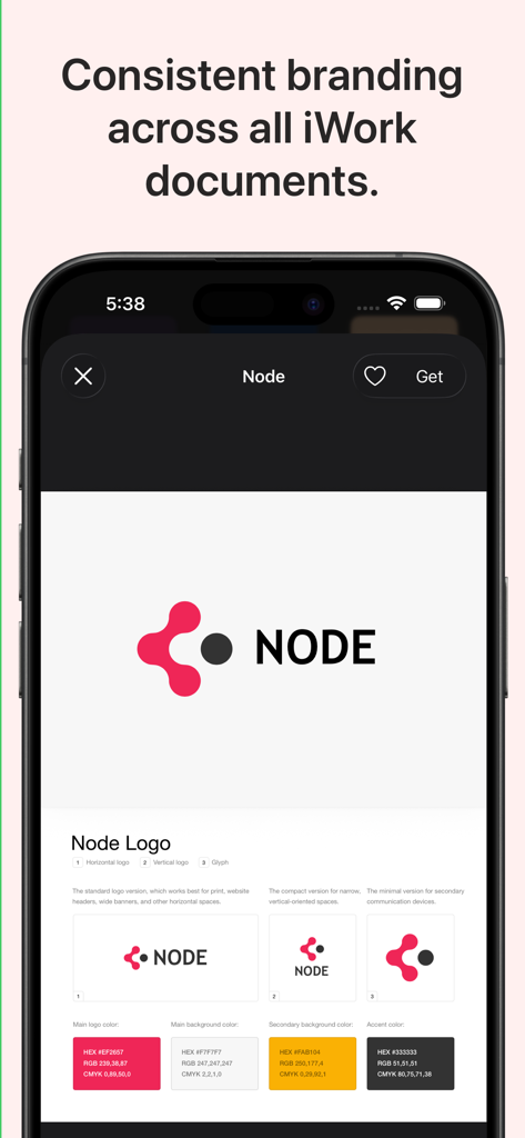 Una plantilla de guía de marca dentro de la aplicación Toolbox for iWork que muestra variaciones de logotipos y paletas de colores profesionales.