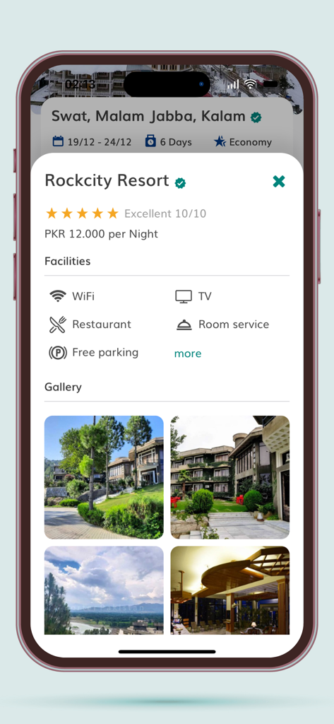 Porter Pakistan - Tela de detalhes de reserva de resort do aplicativo Porter Paquistão exibindo instalações e galeria de fotos para o Rockcity Resort em Swat