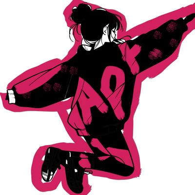 realistic girl jumping with a bun and oversized sweatshirt