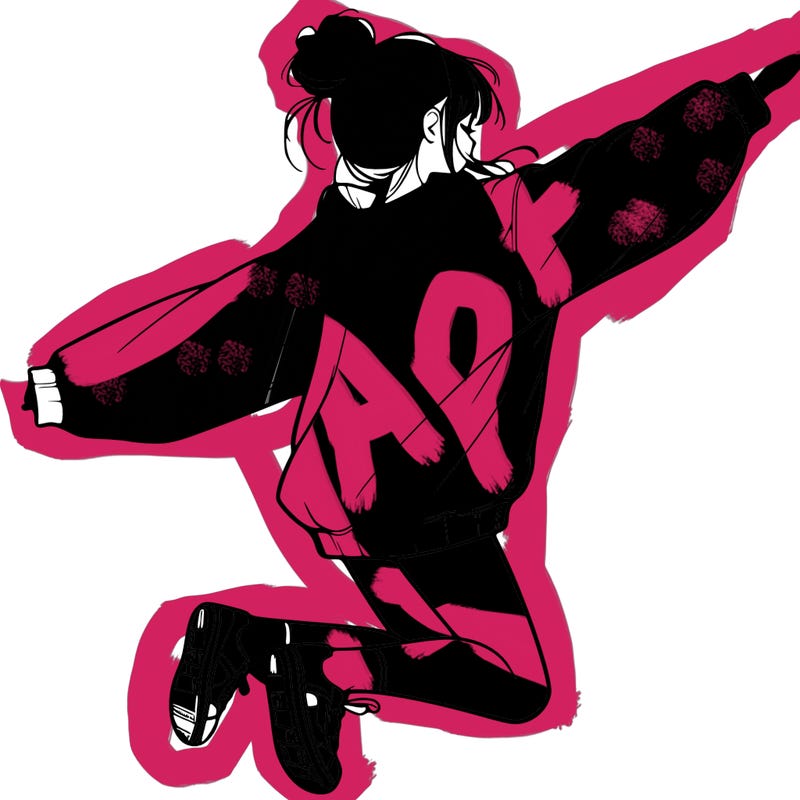 realistic girl jumping with a bun and oversized sweatshirt