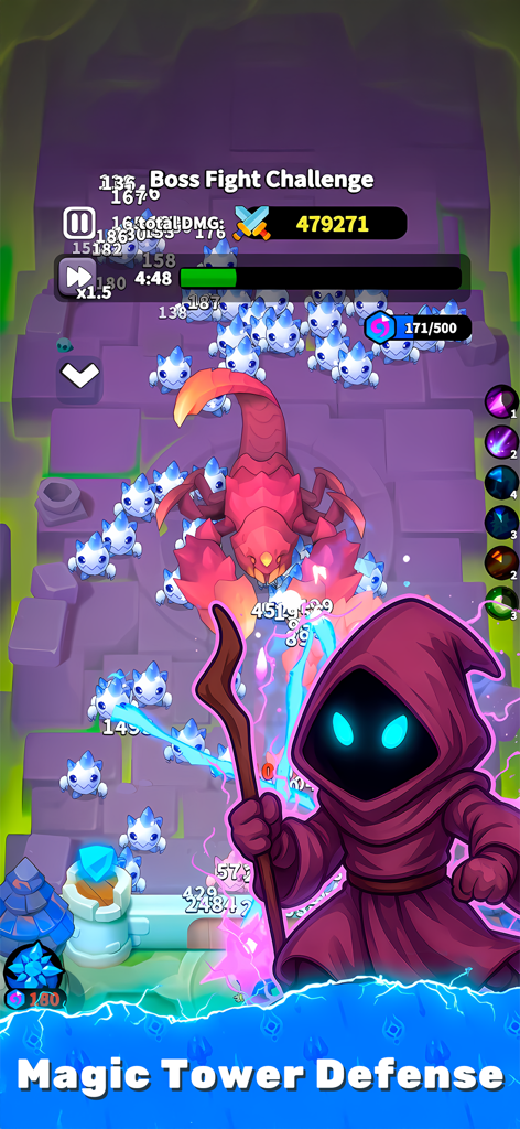 Archmagic Survivors TD - A magic wizard battling a giant red scorpion boss in the Archmagic Survivors TD mobile game