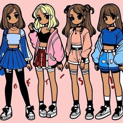 one girl with crop-top shirt and a jacket with a skirt, long socks and another girl with a shirt and pants with a jacket