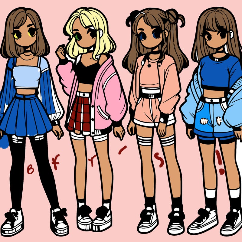 one girl with crop-top shirt and a jacket with a skirt, long socks and another girl with a shirt and pants with a jacket