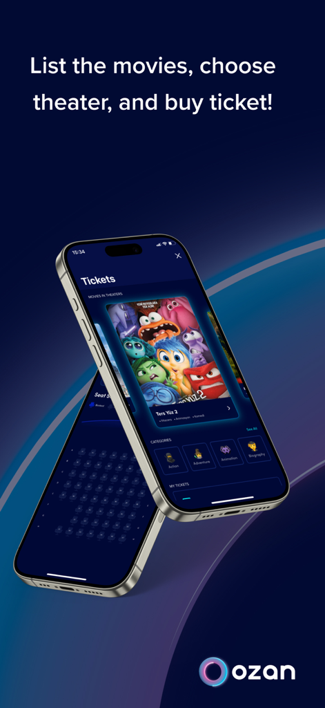 Ozan SuperApp - Ozan SuperApp movie ticket listing and theater seat selection interface