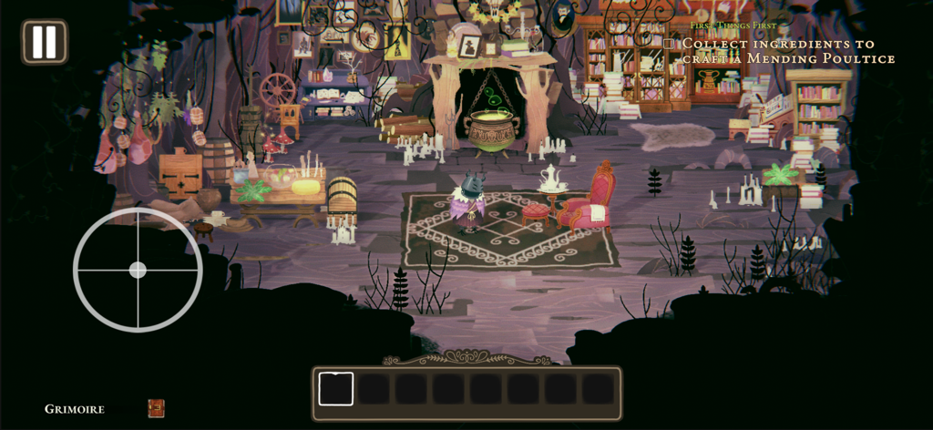 Wytchwood - A gameplay screenshot of Wytchwood showing the witch character inside her detailed gothic cottage with a cauldron and bookshelves