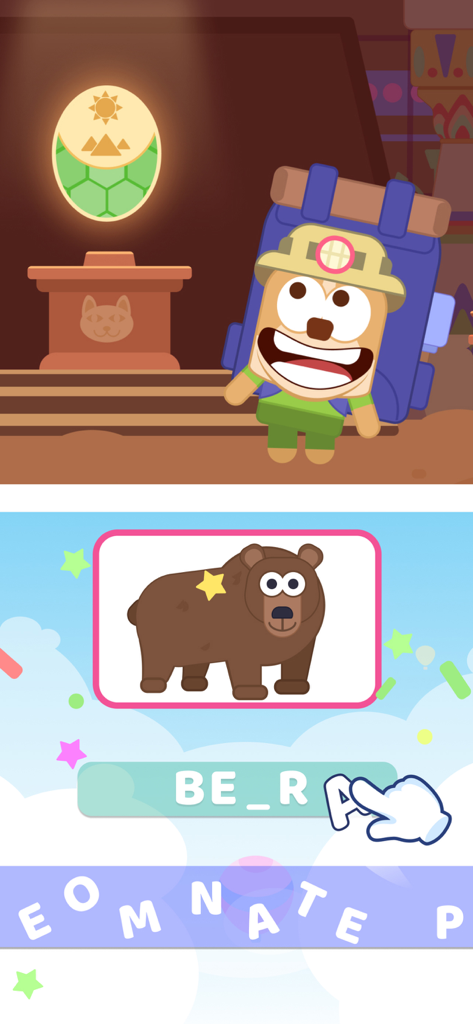 Smart Kids: Learning Games - Preschool spelling game with a bear image where a child drags the letter A to complete the word
