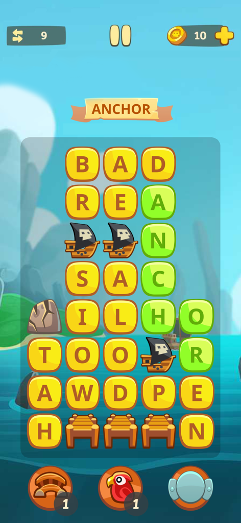 Word Chest - Connect Letters - Captura de tela da jogabilidade do Word Chest mostrando uma grade de letras com navios piratas e a palavra alvo ANCHOR
