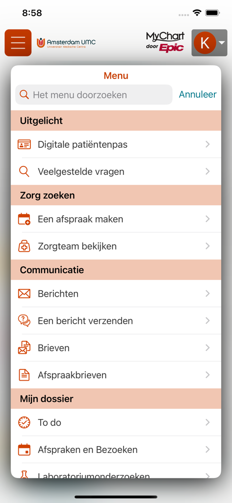 Mijn Dossier Amsterdam UMC - Main navigation menu of the Mijn Dossier Amsterdam UMC app showing sections for appointments messages and medical records