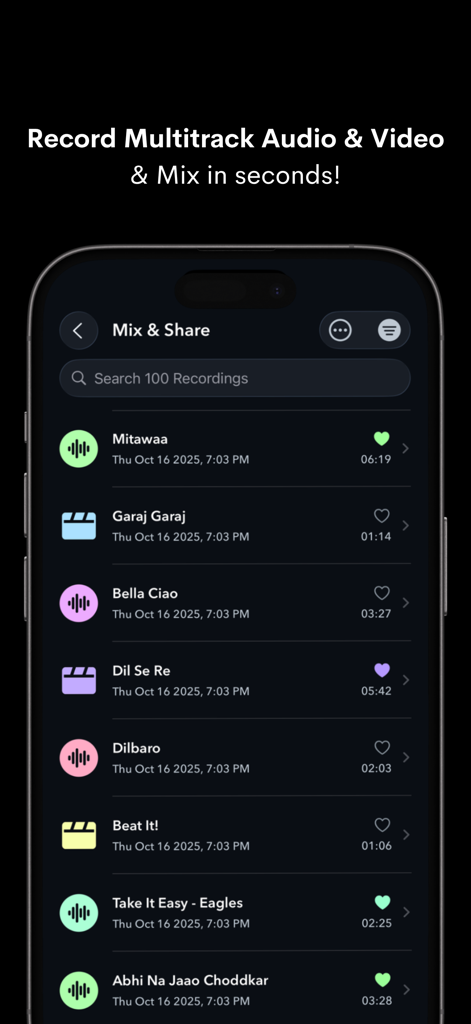 Una lista de grabaciones de audio y video multipista en el estudio de creación de la aplicación NaadSadhana