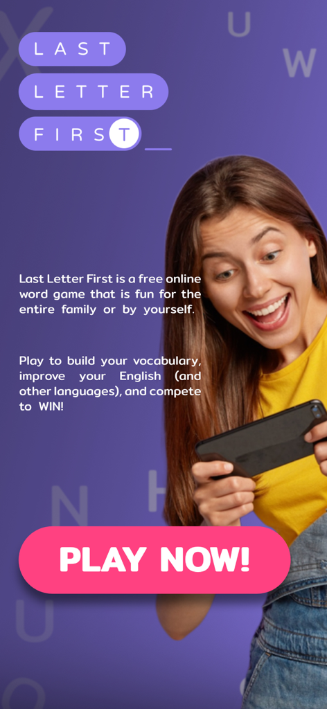 Last Letter First:  Word Game - Young woman playing Last Letter First word game on her smartphone.