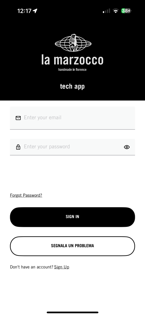 Pantalla de inicio de sesión de la herramienta de servicio profesional La Marzocco App Tech