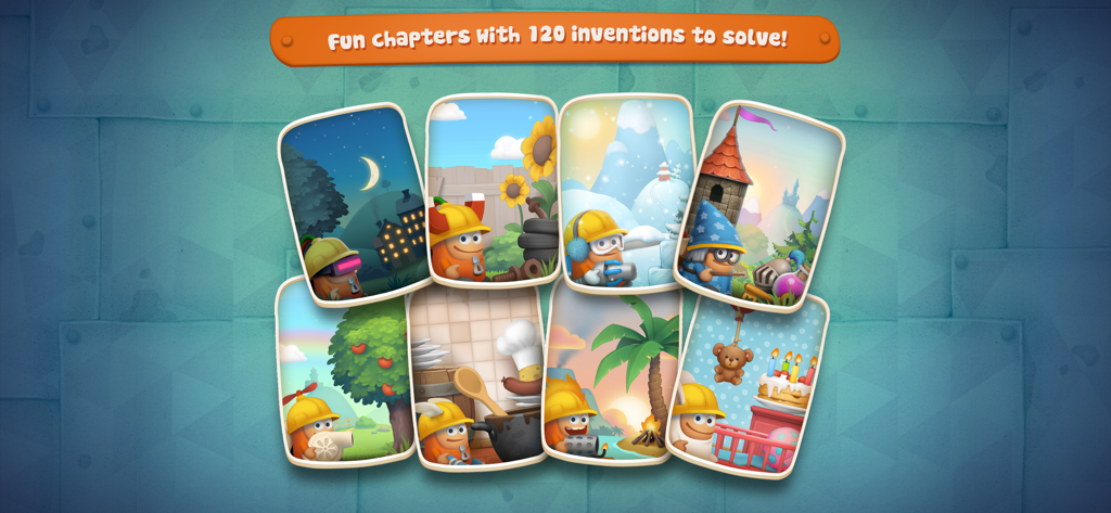 Inventioneers Full Version - A display of eight different themed level chapters in the Inventioneers game, including a kitchen, a castle, and a beach.