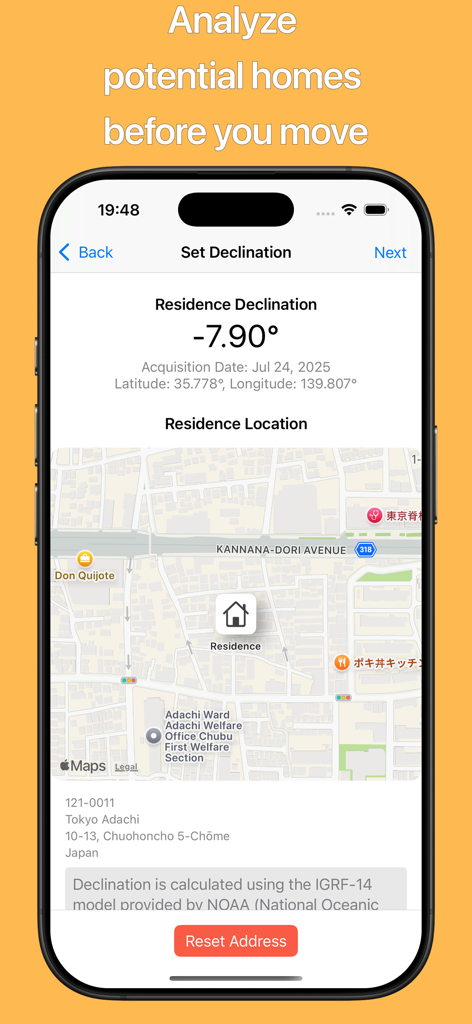 Mobile app interface showing home location on a map and magnetic declination settings for feng shui analysis