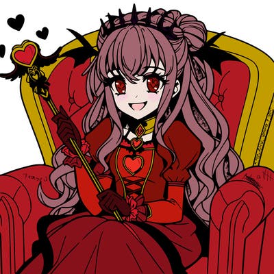 young anime queen sitting on throne holding heart  scepter with evil smile