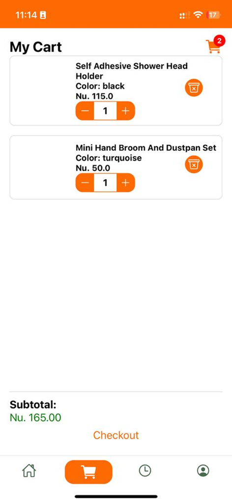 The shopping cart screen of the Yalula app showing items with prices in Bhutanese Ngultrum