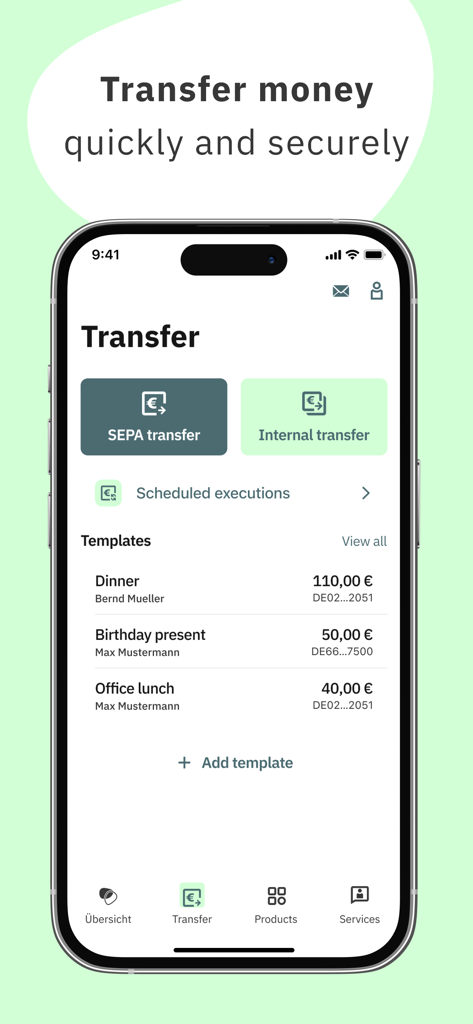 Interfaccia dell'app di mobile banking FYRST che mostra le opzioni di trasferimento di denaro e i modelli di transazione.