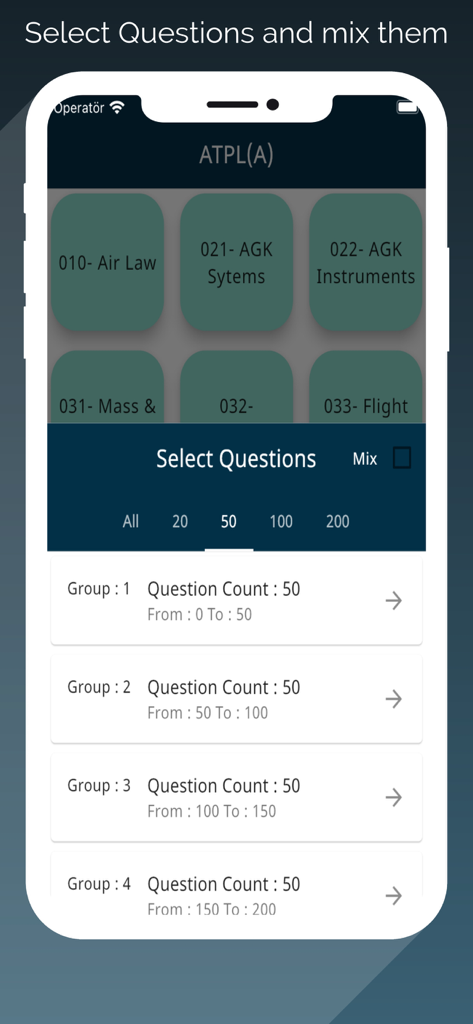 Interface to select and mix questions in the ATPL exam prep app.