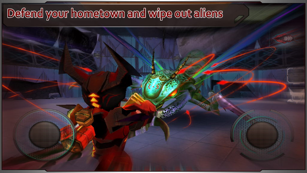 Star Warfare:Alien Invasion - Third-person shooter gameplay of Star Warfare Alien Invasion showing a soldier in a red power suit fighting a giant green mantis alien.