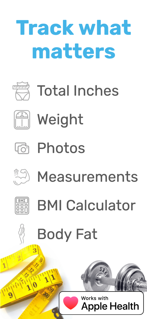 List of health tracking features for Progress Body Tracker app including weight body fat and BMI