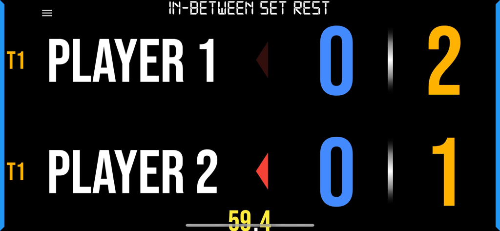 Placar digital de tênis de mesa mostrando pontuações de sets e um cronômetro de descanso entre sets