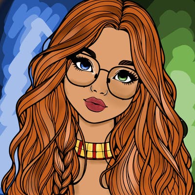girl with long hair and freckles and glasses realistic