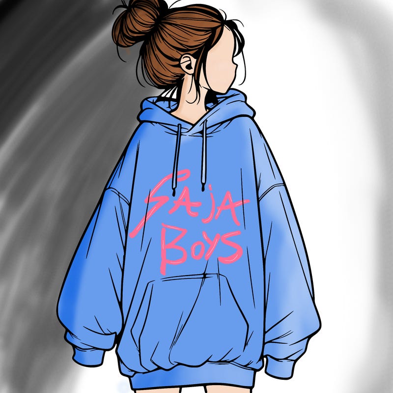 realistic girl with a oversized sweatshirt on and a bun