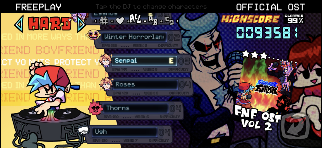 Friday Night Funkin' Mobile - Menu de sélection de chansons du mode jeu libre de Friday Night Funkin Mobile avec Boyfriend et Daddy Dearest