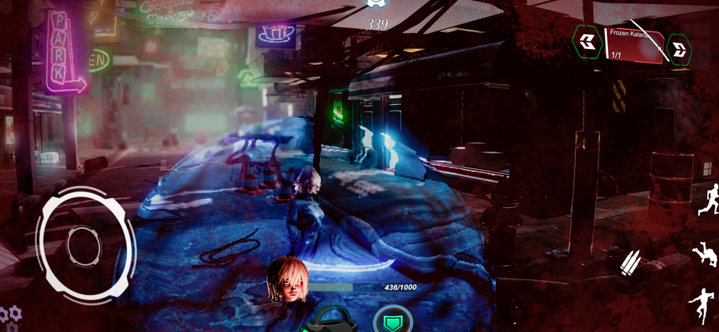 Cyber Night Neon City Arpg War - A female warrior activates a blue energy shield in a neon lit cyberpunk city street