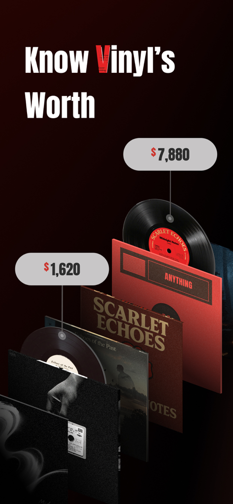Vinyl records displayed with high market price tags under the heading Know Vinyls Worth