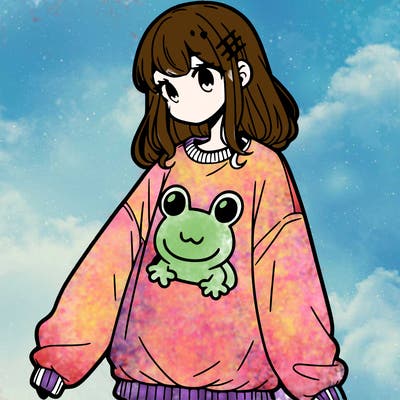 girl wearing frogging sweatshirt