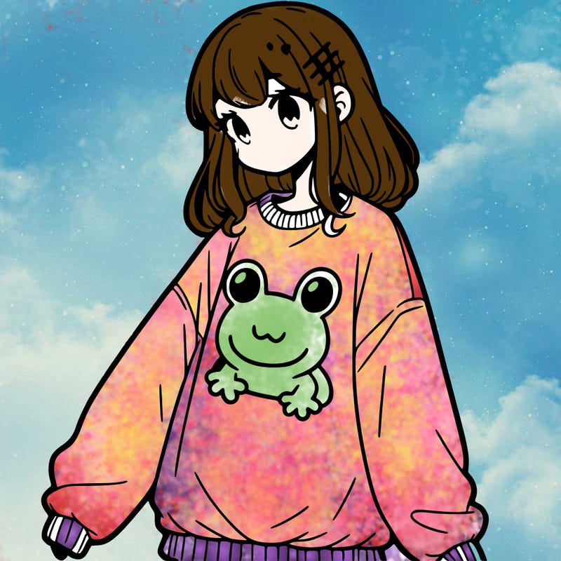 girl wearing frogging sweatshirt