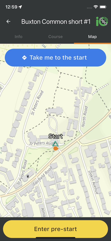 iOrienteering - コースの開始位置を示すiOrienteeringアプリのナビゲーションマップビュー