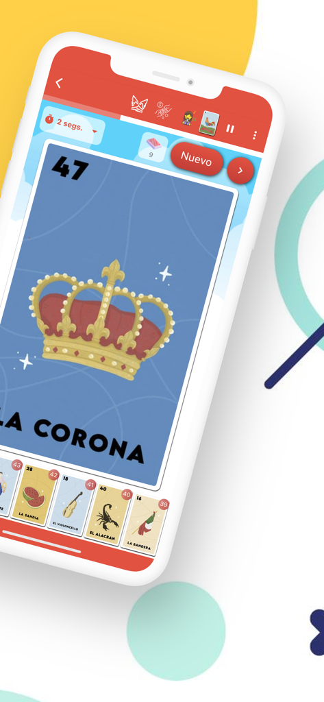 Baraja de Lotería Mexicana - Mobile app interface for Baraja de Lotería Mexicana showing the Crown card and game history