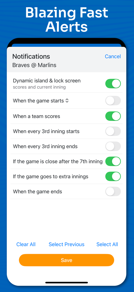 Ein Screenshot der Superfan Sports MLB App, der anpassbare Spielbenachrichtigungseinstellungen für Ergebnisse und Alarme zeigt.