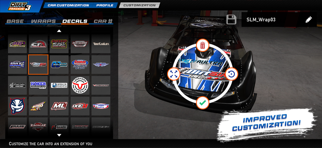 Dirt Trackin 3 - A black dirt track race car being customized with sponsor decals in the Dirt Trackin 3 game menu.