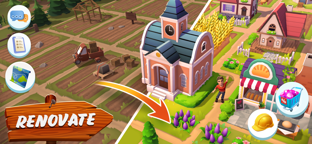 Sunshine Island: Farming Game - Ein Vorher-Nachher-Vergleich, der die Renovierung eines tropischen Dorfes von leeren Feldern zu einer lebendigen Stadt mit einem Glockenturm und Geschäften zeigt.