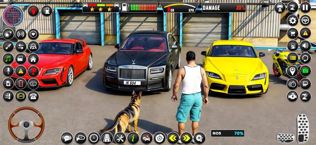 Driving School 3D : Car Games - A gameplay screenshot of Driving School 3D showing a character and a dog standing in front of luxury cars with various game UI controls.
