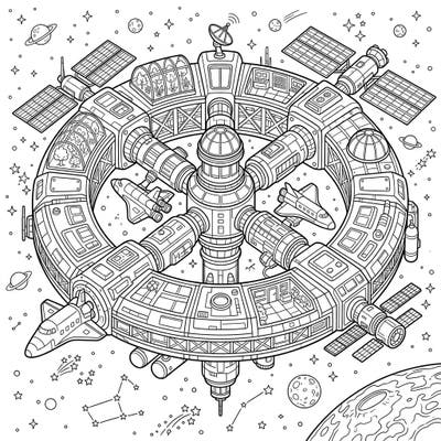 Blast off into creativity with this detailed space station coloring page, thoughtfully designed for seniors. Enjoy large, clear sections and engaging cosmic elements for a wonderfully relaxing artistic journey.