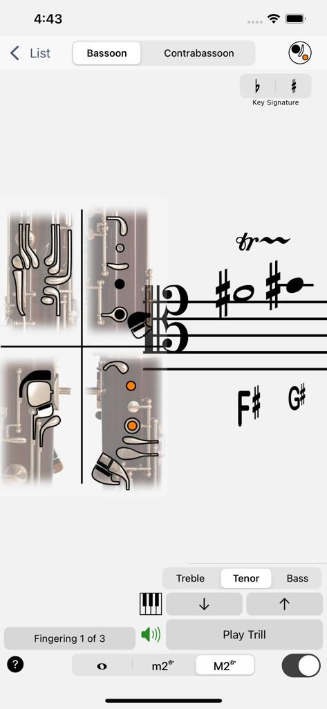 Fingering Woodwinds for iPhone - A screenshot of the Bassoon fingering chart on the Fingering Woodwinds app showing tenor clef and key positions