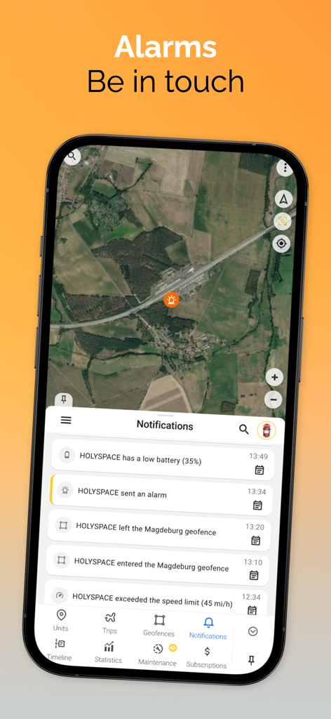 Smartphone screen of Ruhavik app showing vehicle alarms and notification history for geofences and speed limits